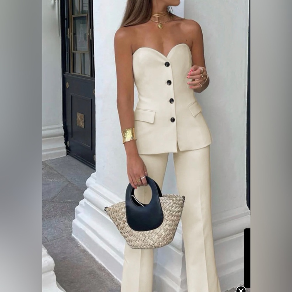 Solid Tube Top With Wide Leg Pants Set